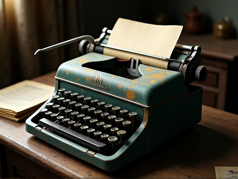 An antique typewriter with visible paint damage, including chipping, fading, and scratches. The typewriter is placed in a dimly lit room, emphasizing the contrast between the damaged areas and the remaining original paint, highlighting the effects of time and neglect.